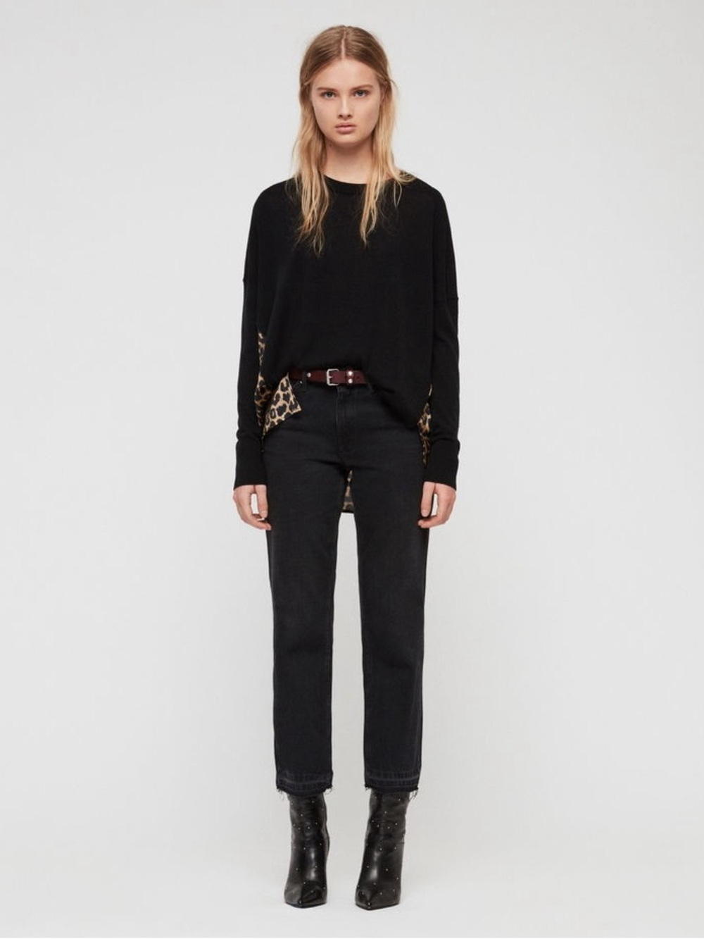 All Saints Black Jumper with Red Floral Panel 100% Merino wool